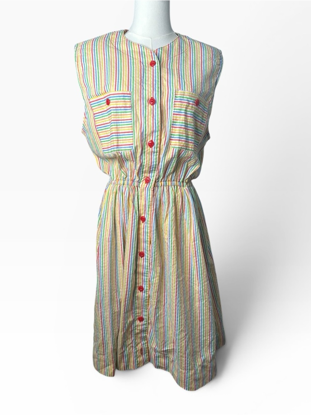 Vintage 1980s Handmade Rainbow Stripe Button Front Dress - Picture 2 of 10
